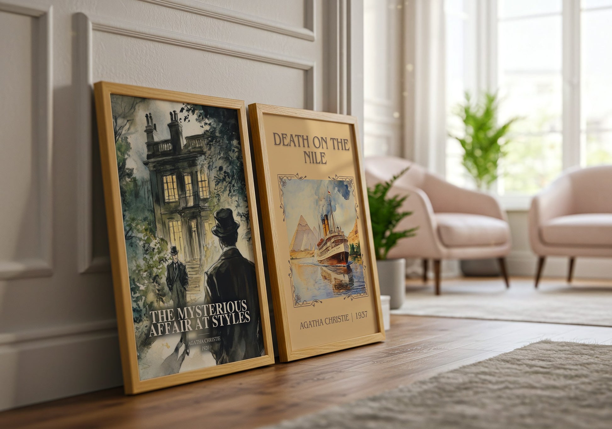 The Mysterious Affair At Styles watercolour print framed by window – literary home decor