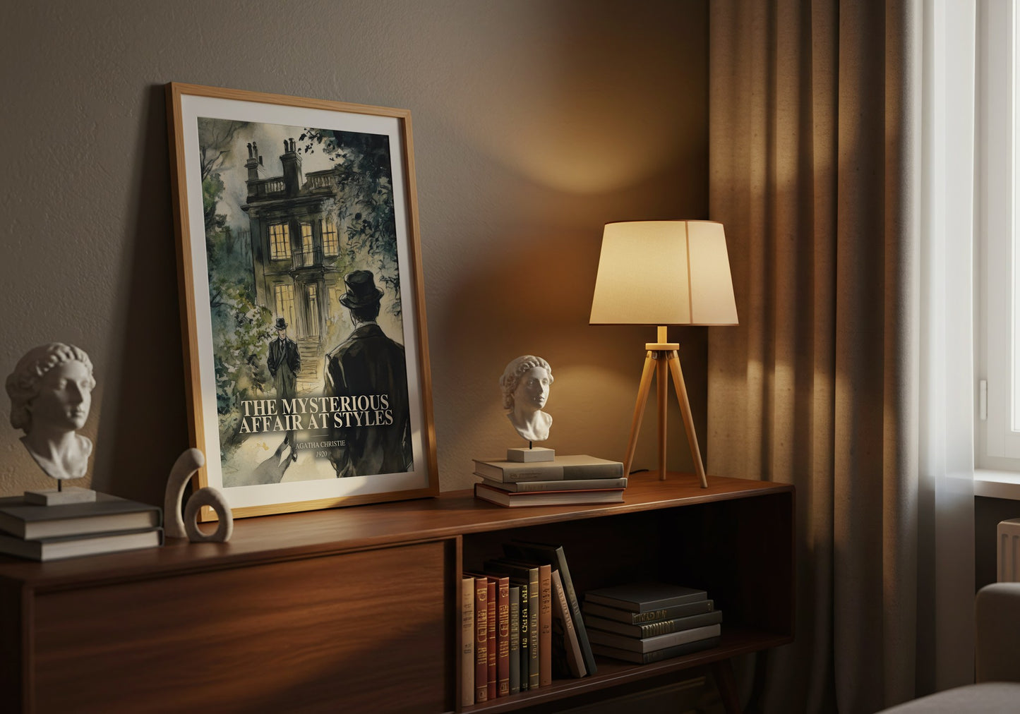 The Mysterious Affair At Styles watercolour print on bookshelf – Agatha Christie fan gift