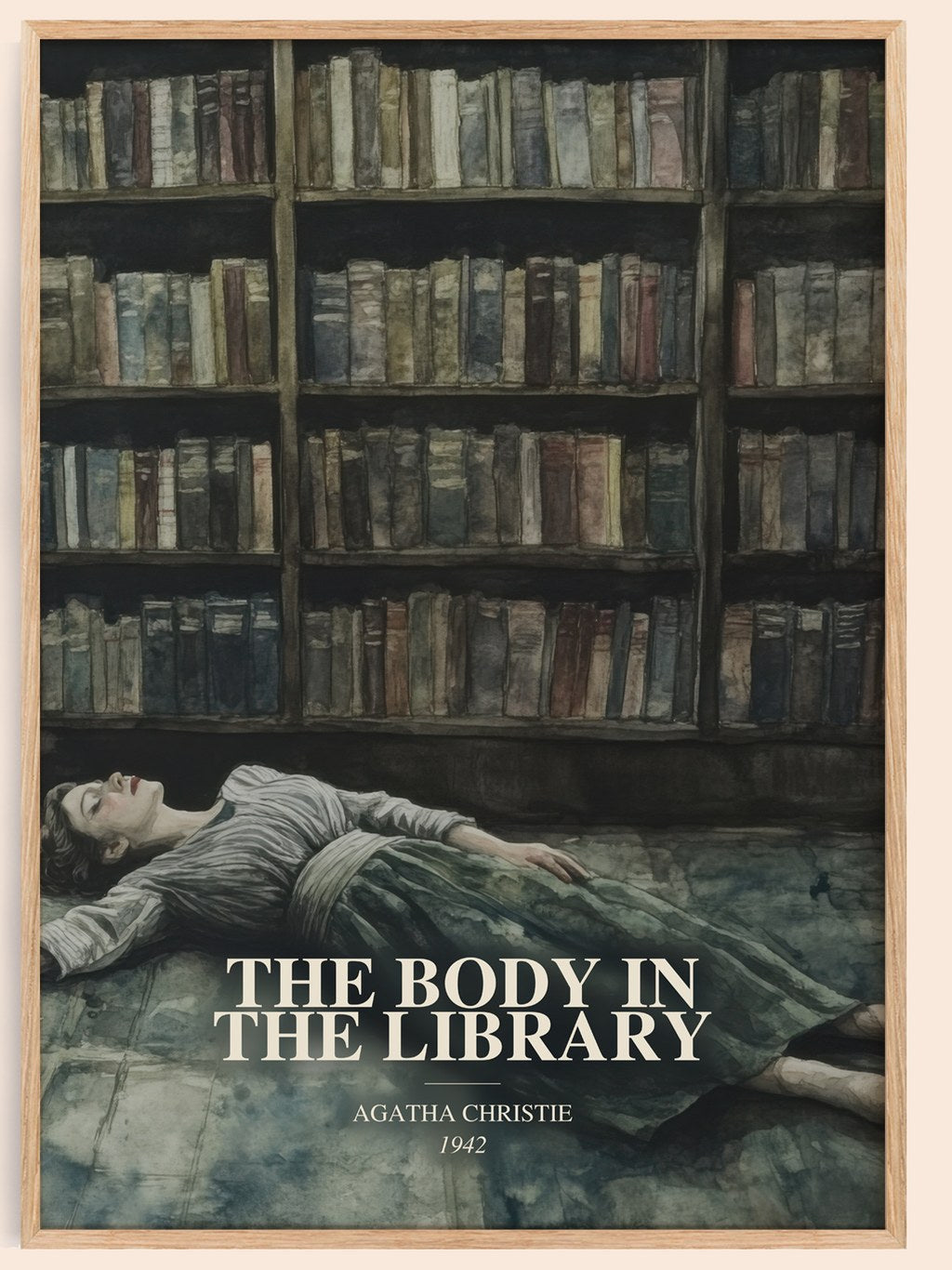 The Body In The Library watercolour book poster by Agatha Christie – framed literary art print