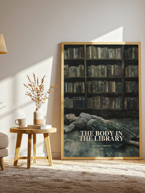 The Body In The Library watercolour print in frame leaning in hallway – mystery wall art
