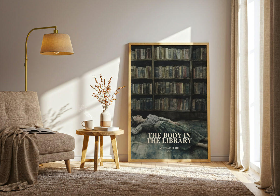 The Body In The Library watercolour print in frame leaning in hallway – mystery wall art (mockup)