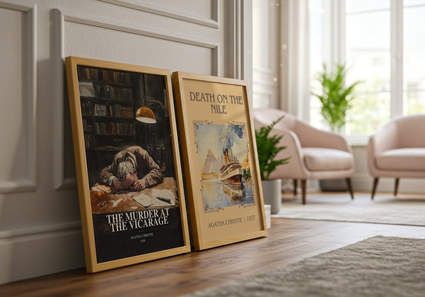 The Murder At The Vicarage watercolour print framed by window – literary home decor