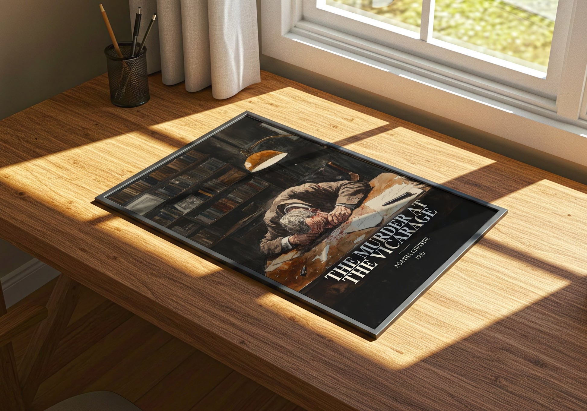 The Murder At The Vicarage watercolour book poster framed on wall – mystery wall art
