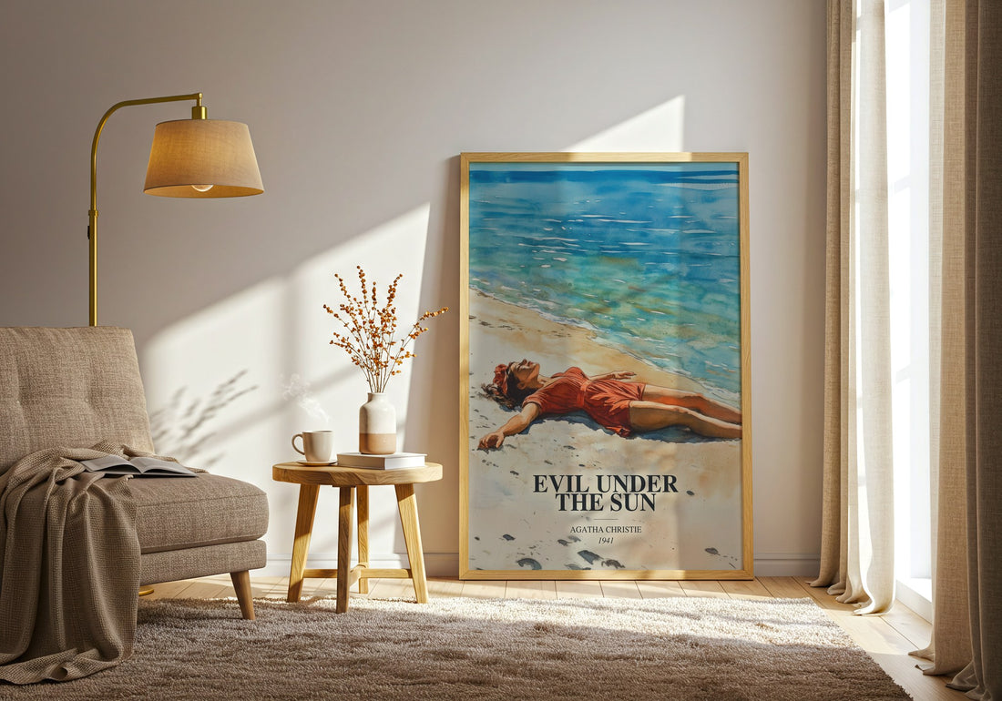 Evil Under The Sun watercolour print in frame leaning in hallway – mystery wall art (mockup)