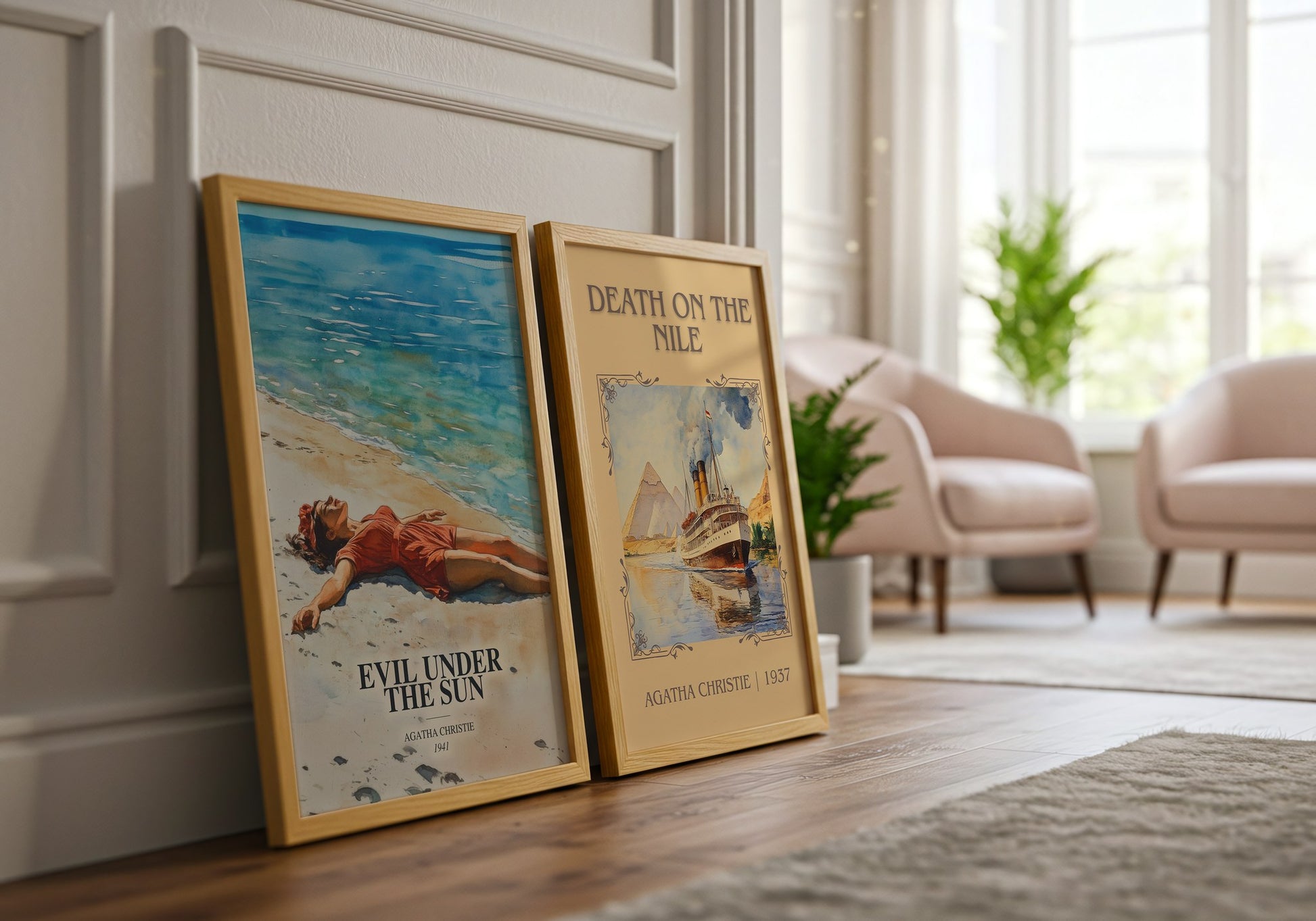 Evil Under The Sun watercolour print framed by window – literary home decor