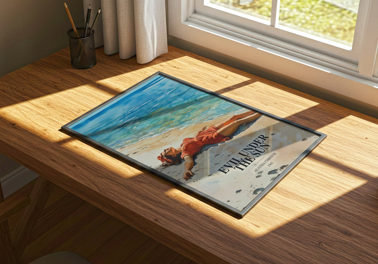 Evil Under The Sun watercolour book poster framed on wall – mystery wall art