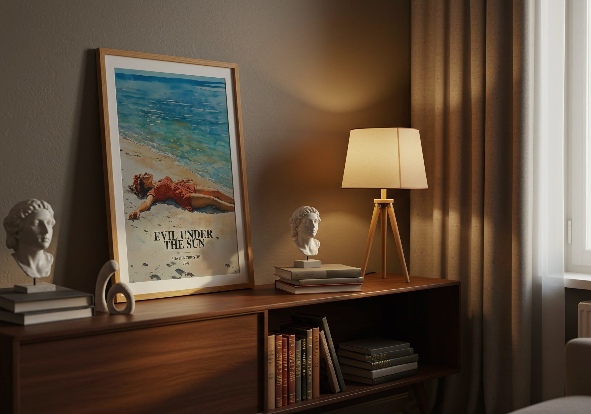 Evil Under The Sun watercolour print on bookshelf – Agatha Christie fan gift