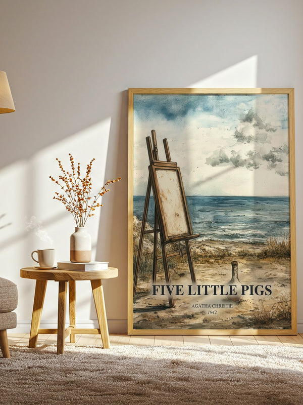 Five Little Pigs watercolour print in frame leaning in hallway – mystery wall art