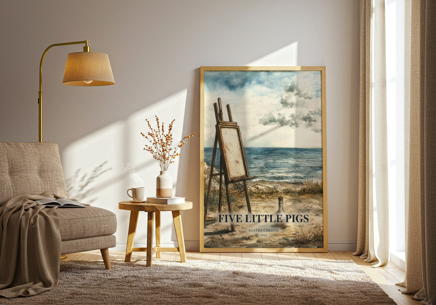 Five Little Pigs watercolour print in frame leaning in hallway – mystery wall art