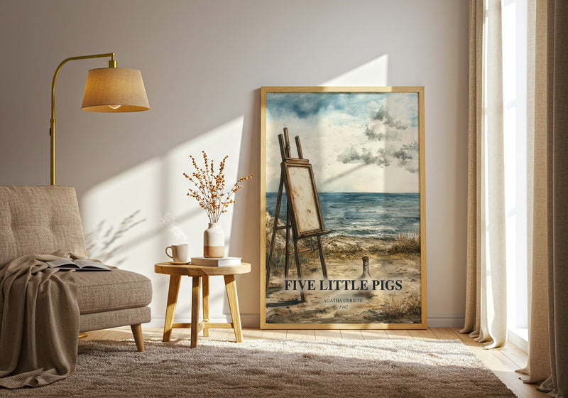 Five Little Pigs watercolour print in frame leaning in hallway – mystery wall art