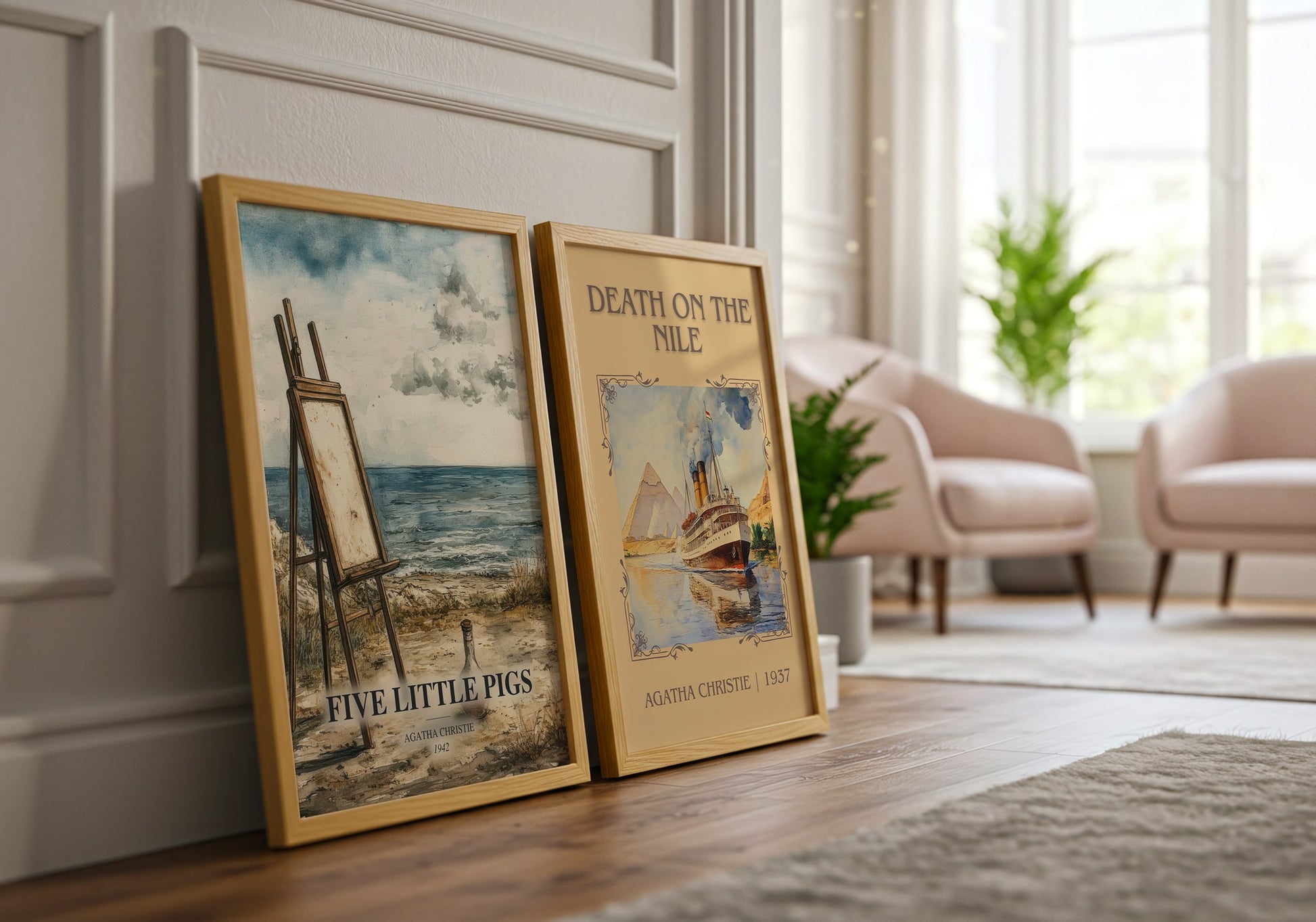 Five Little Pigs watercolour print framed by window – literary home decor