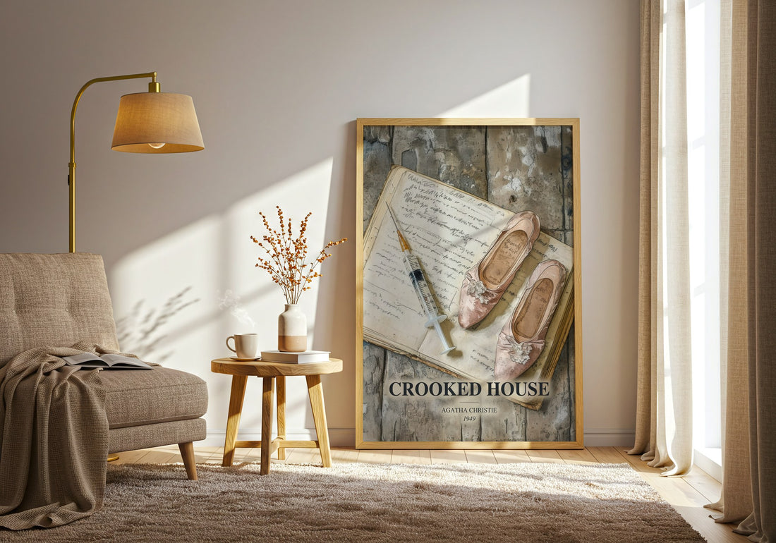 Crooked House watercolour print in frame leaning in hallway – mystery wall art (mockup)