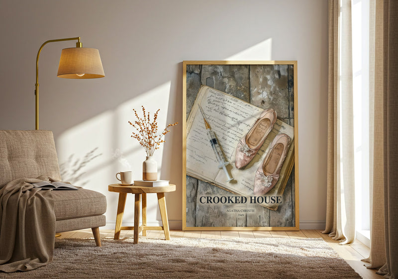 Crooked House watercolour print in frame leaning in hallway – mystery wall art