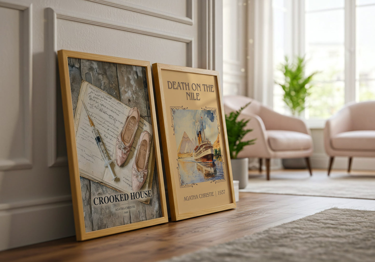 Crooked House watercolour print framed by window – literary home decor