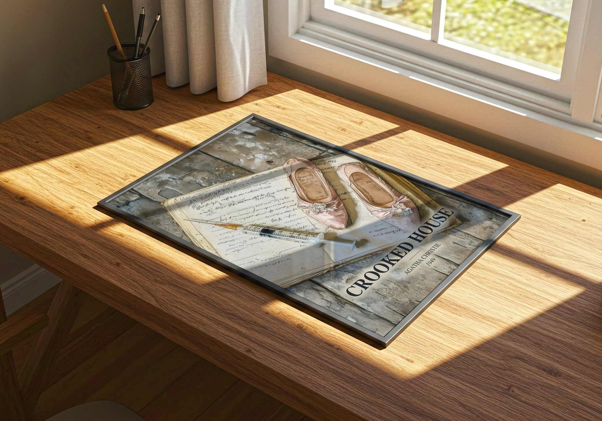 Crooked House watercolour book poster framed on wall – mystery wall art