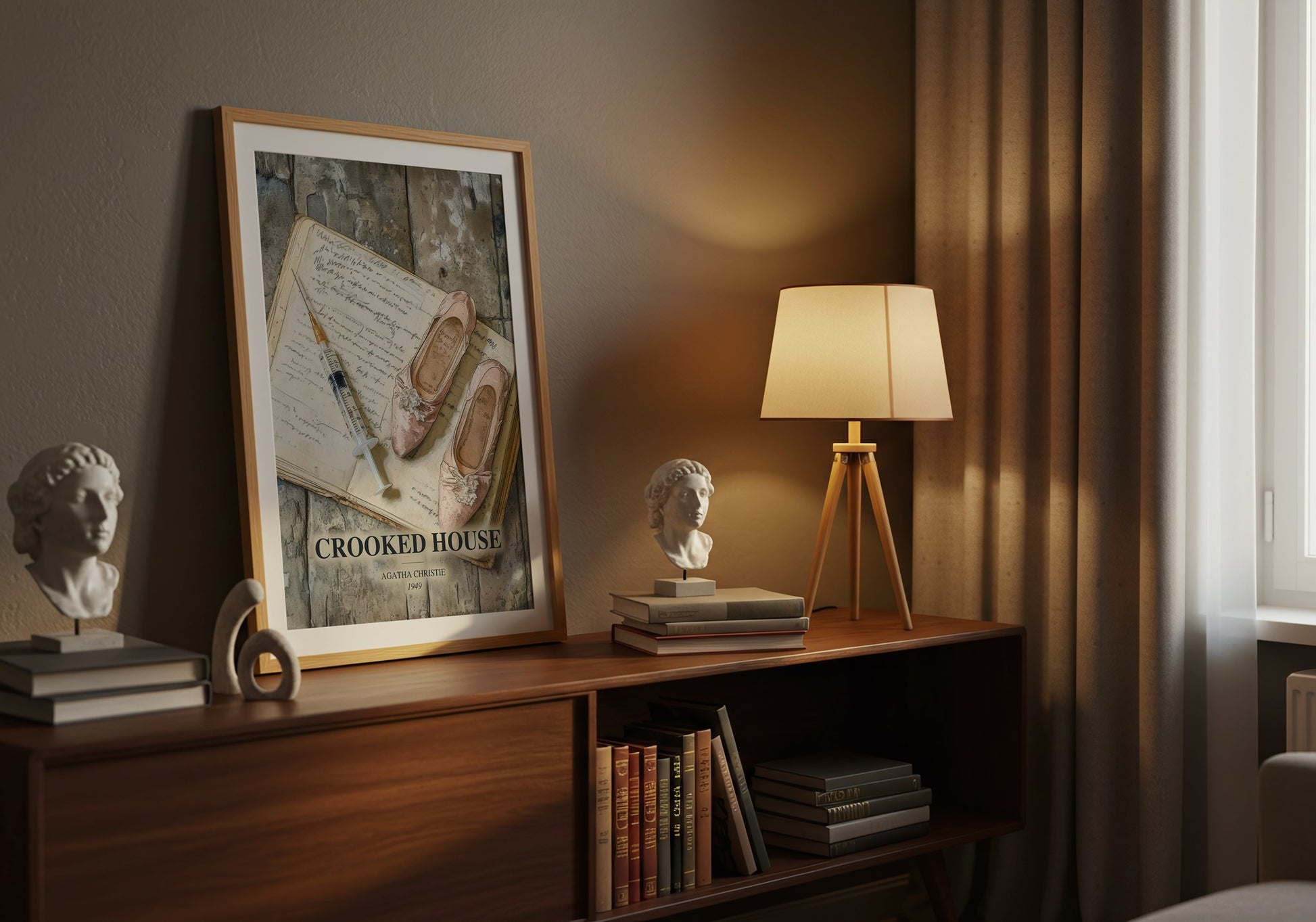 Crooked House watercolour print on bookshelf – Agatha Christie fan gift