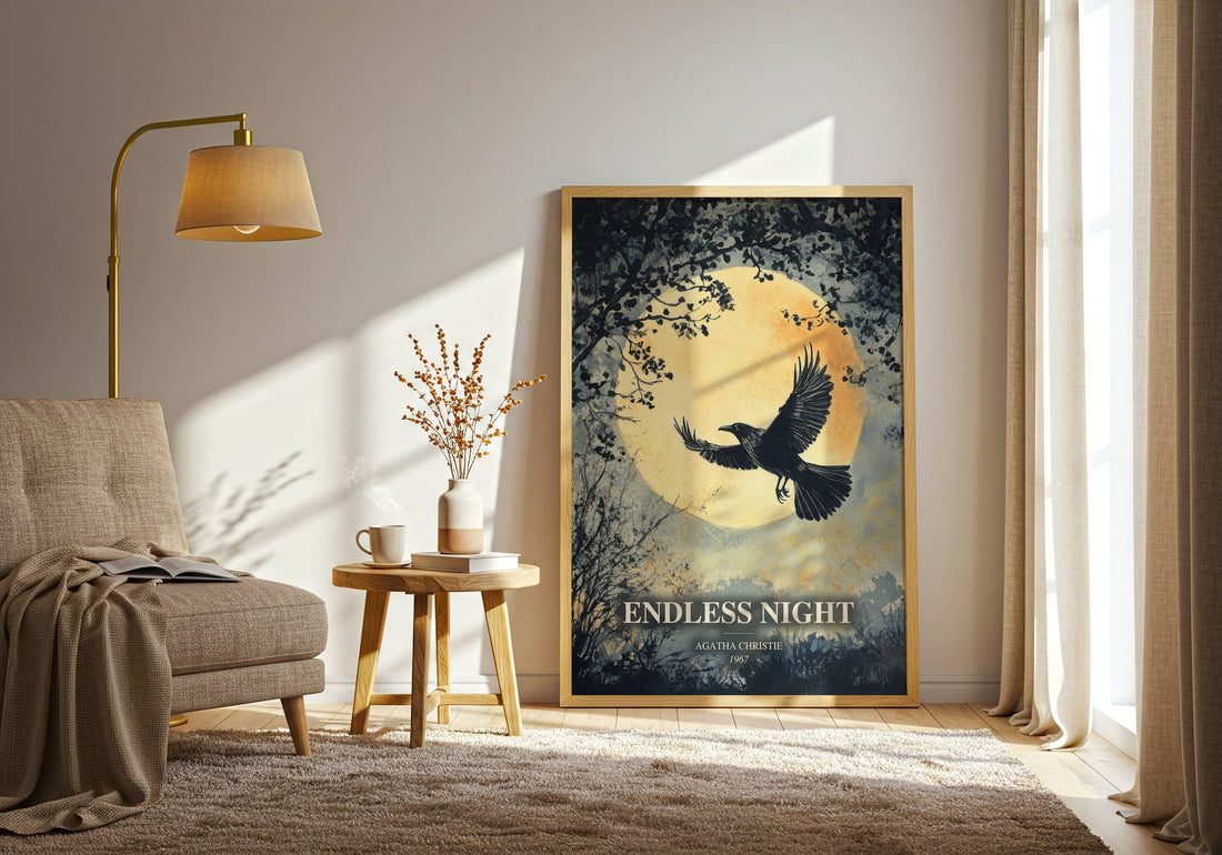 Endless Night watercolour print in frame leaning in hallway – mystery wall art (mockup)
