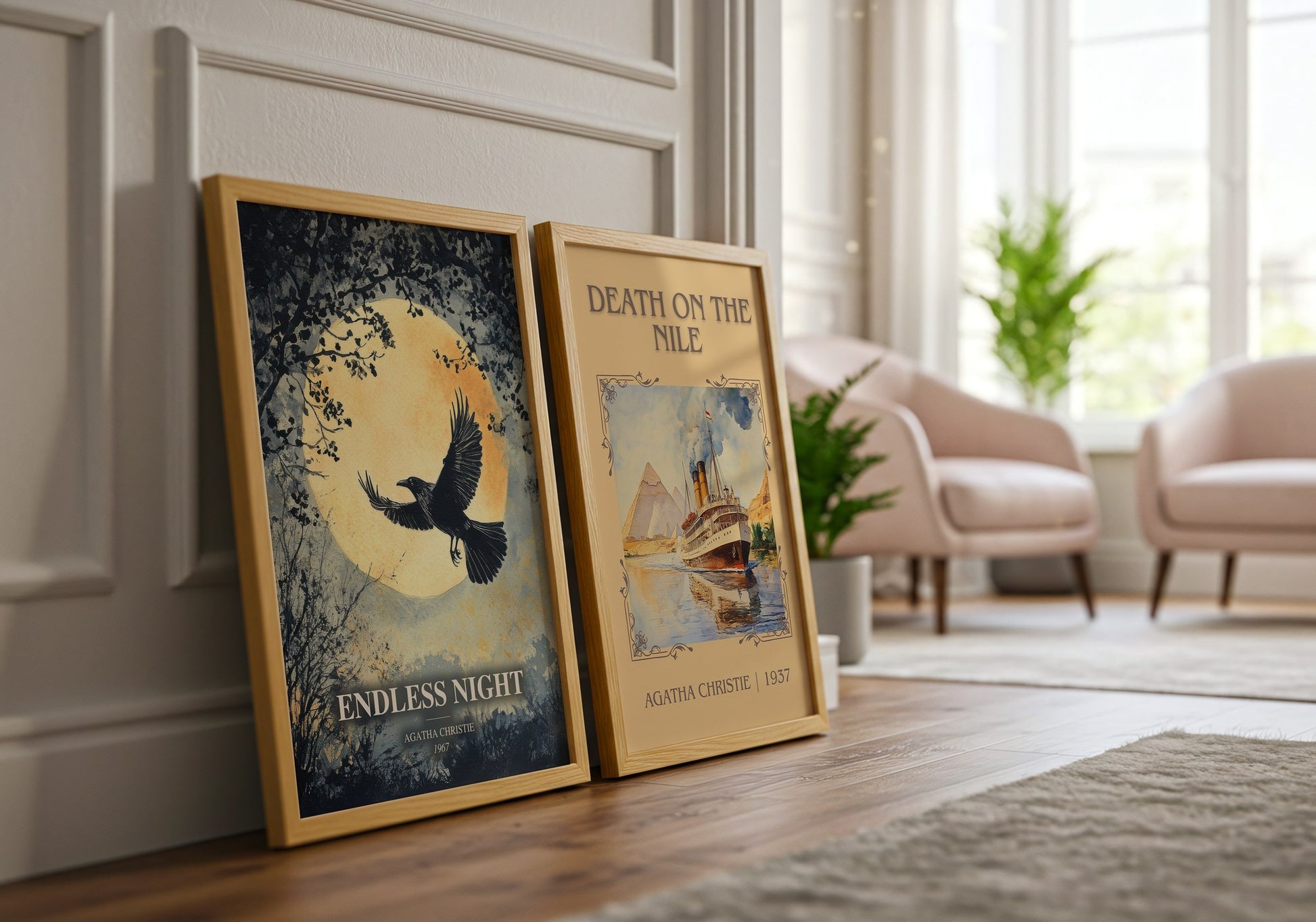 Endless Night watercolour print framed by window – literary home decor