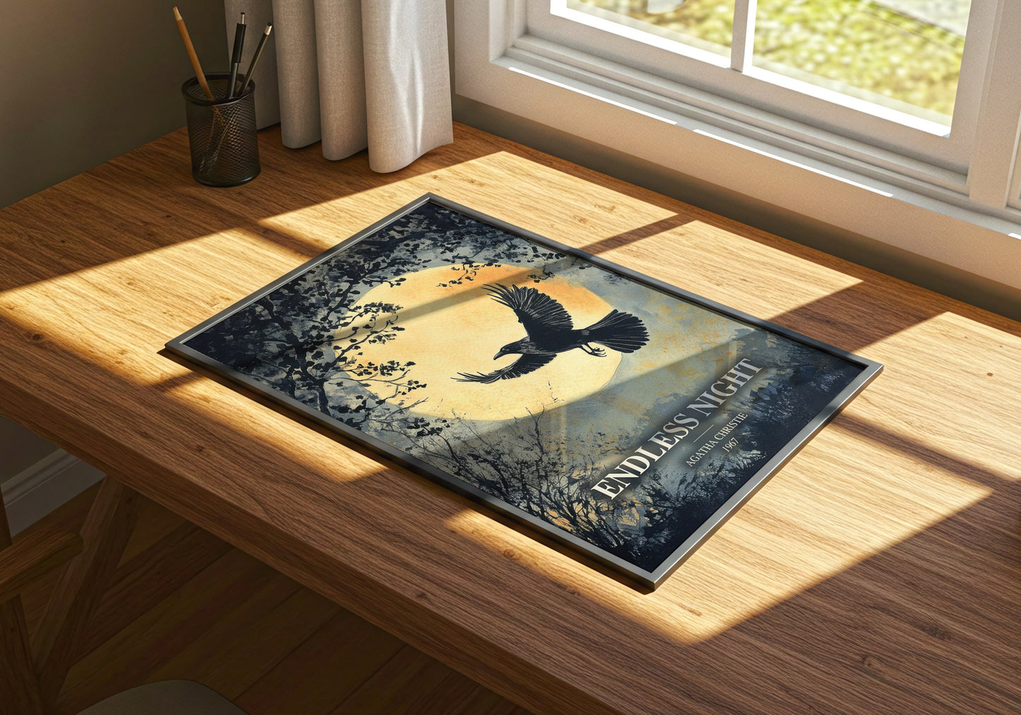 Endless Night watercolour book poster framed on wall – mystery wall art