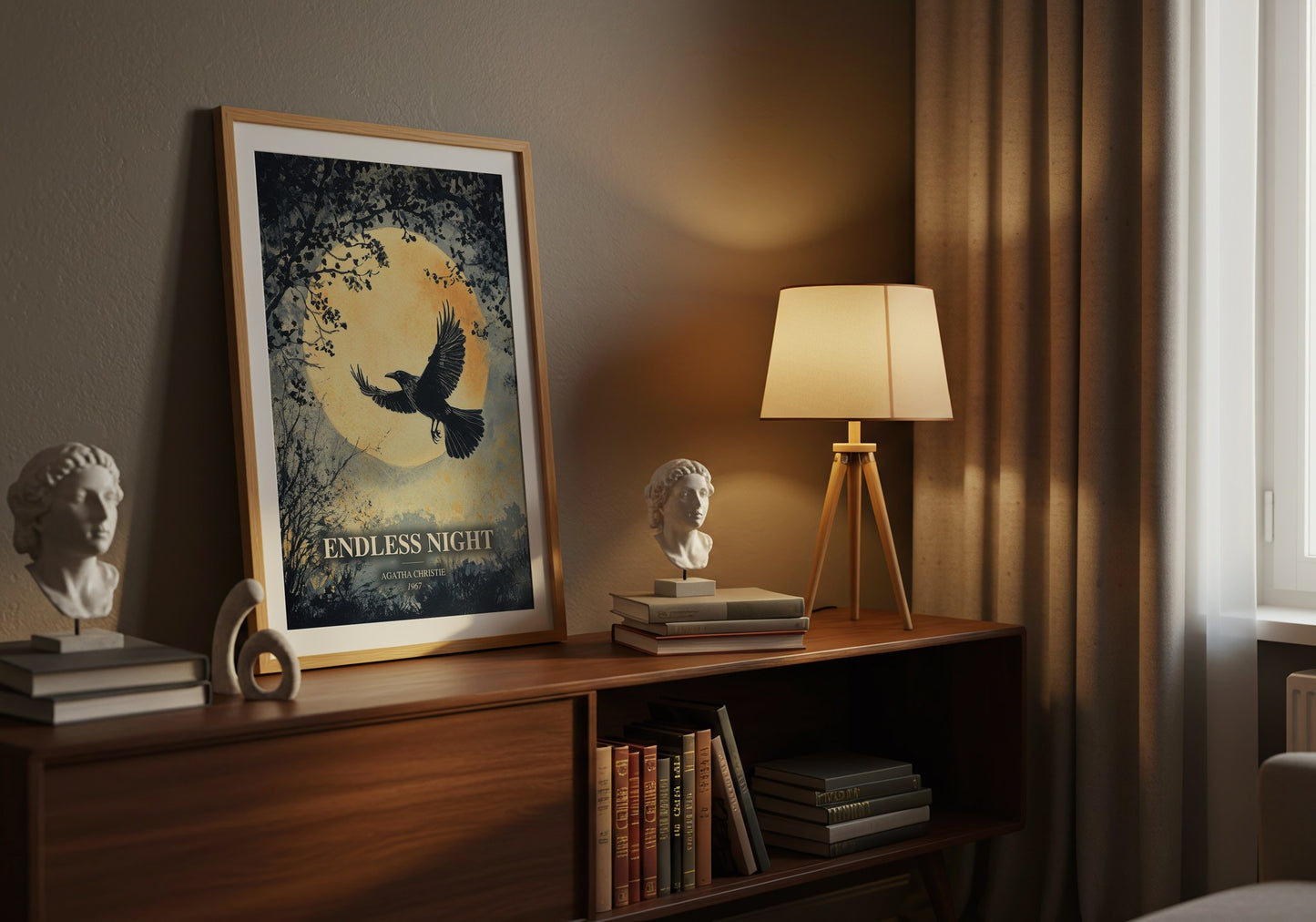 Endless Night watercolour print on bookshelf – Agatha Christie fan gift
