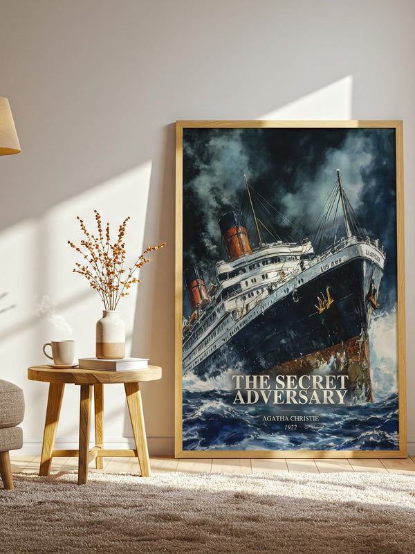 The Secret Adversary watercolour print in frame leaning in hallway – mystery wall art