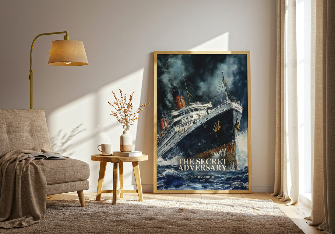 The Secret Adversary watercolour print in frame leaning in hallway – mystery wall art (mockup)