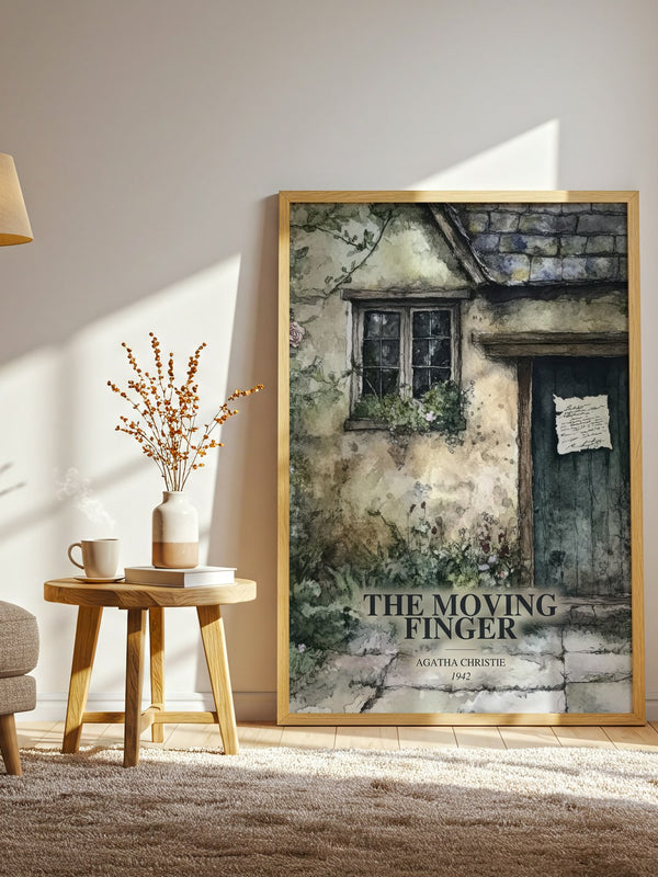 The Moving Finger watercolour print in frame leaning in hallway – mystery wall art