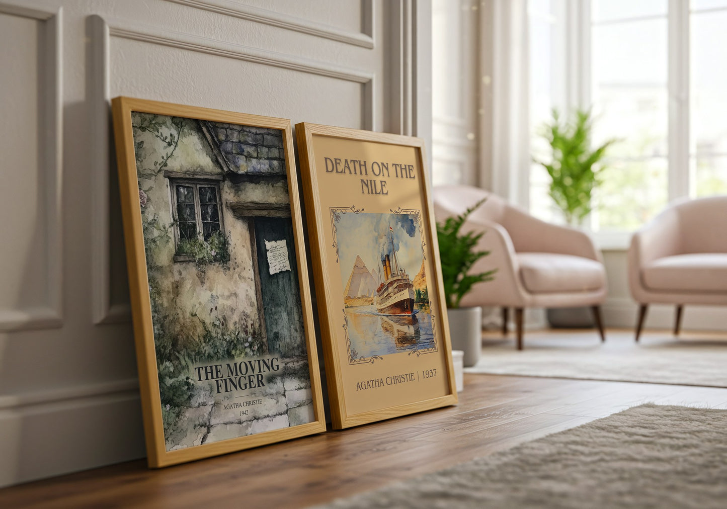 The Moving Finger watercolour print framed by window – literary home decor