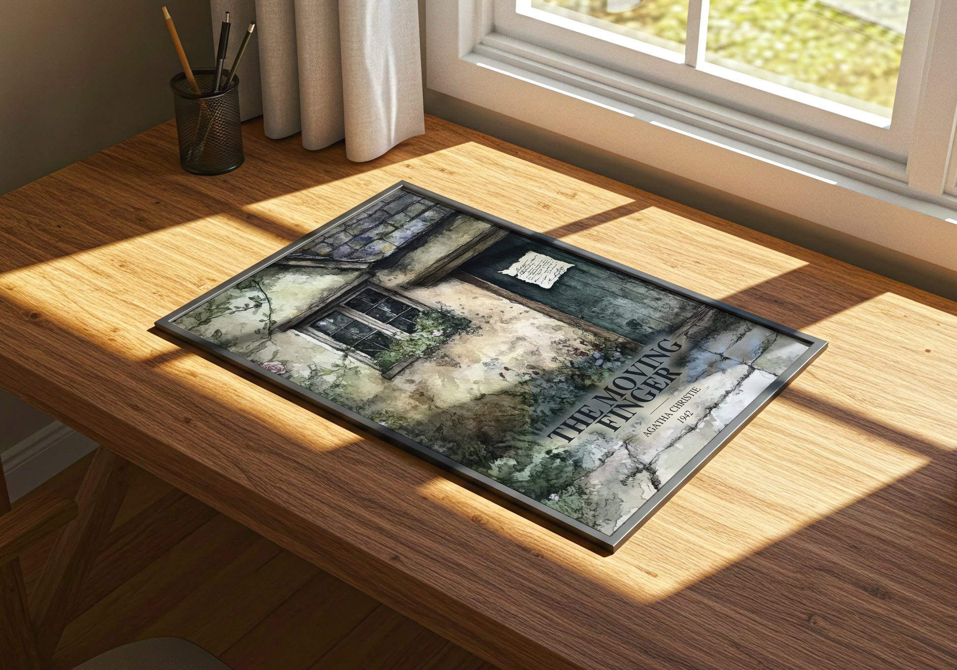 The Moving Finger watercolour book poster framed on wall – mystery wall art