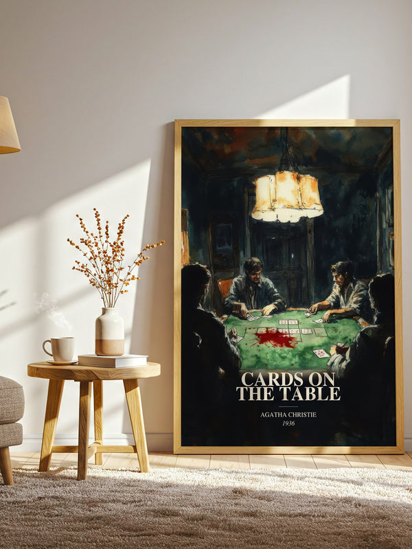 Cards On The Table watercolour print in frame leaning in hallway – mystery wall art