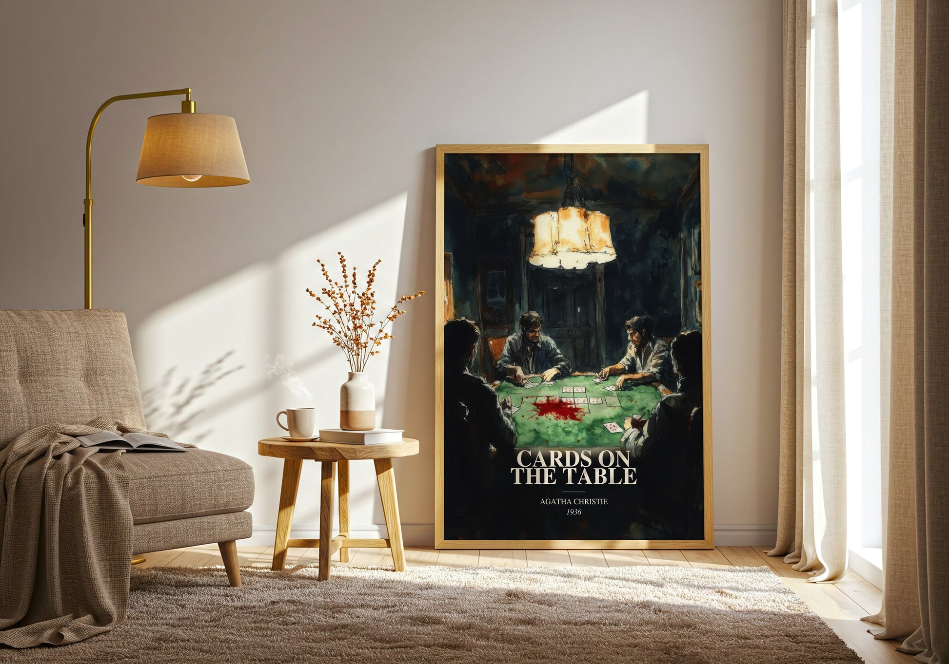Cards On The Table watercolour print in frame leaning in hallway – mystery wall art