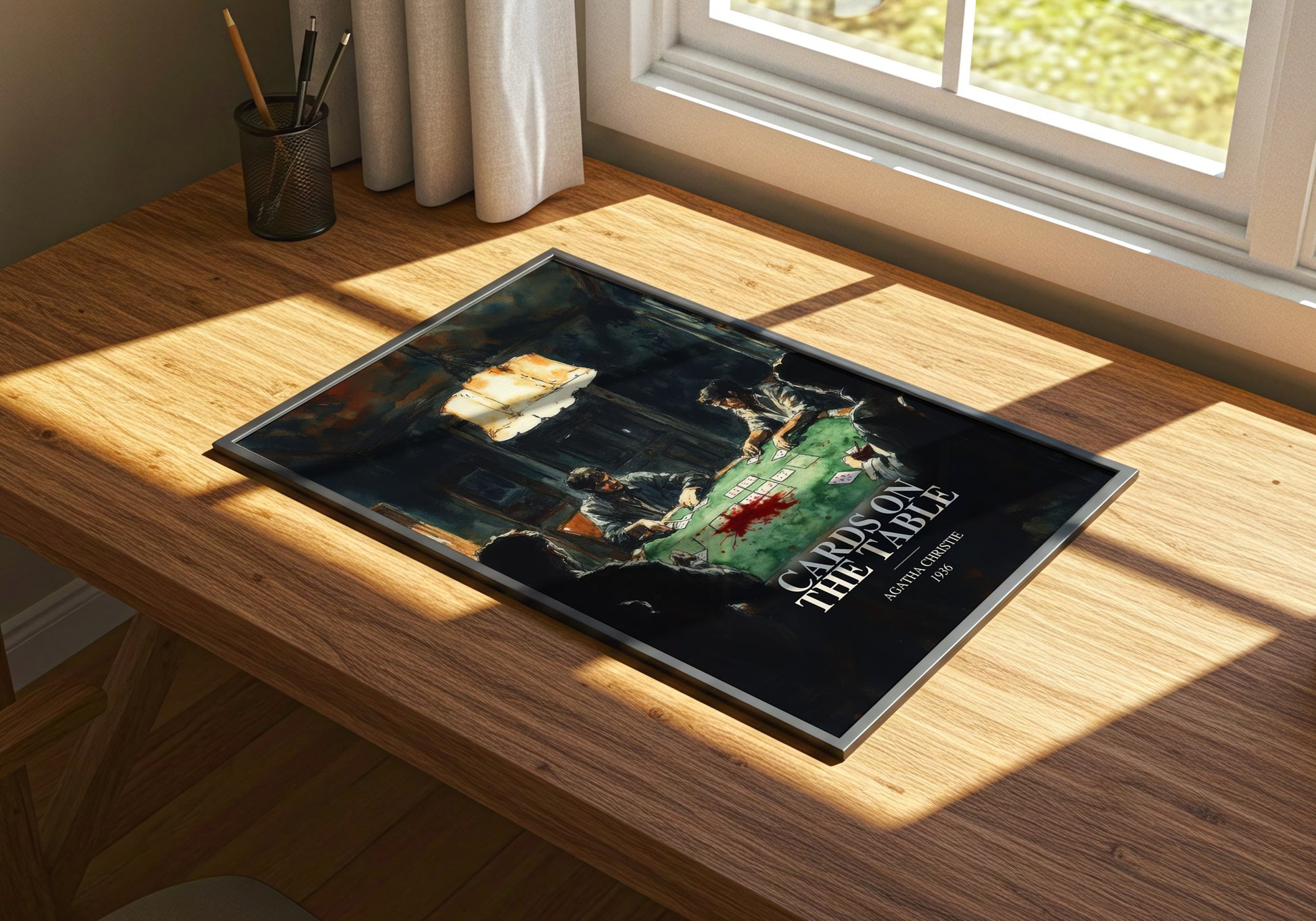 Cards On The Table watercolour book poster framed on wall – mystery wall art