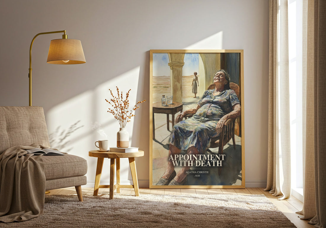 Appointment With Death watercolour print in frame leaning in hallway – mystery wall art (mockup)