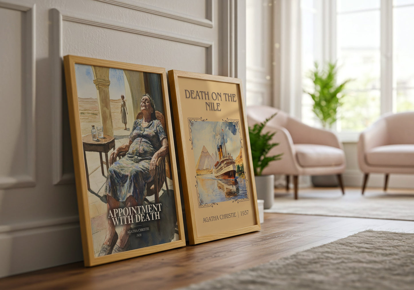 Appointment With Death watercolour print framed by window – literary home decor