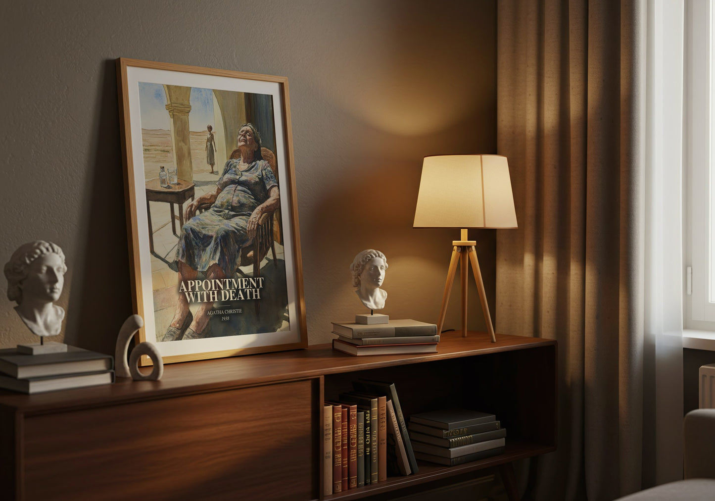 Appointment With Death watercolour print on bookshelf – Agatha Christie fan gift
