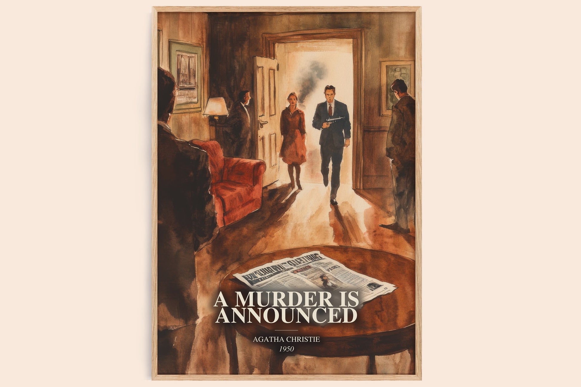 A Murder Is Announced watercolour book poster by Agatha Christie – framed literary art print
