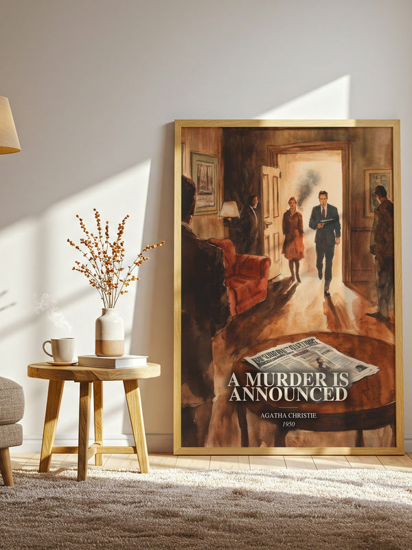 A Murder Is Announced watercolour print in frame leaning in hallway – mystery wall art