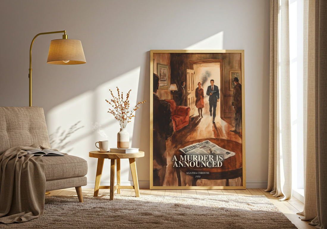 A Murder Is Announced watercolour print in frame leaning in hallway – mystery wall art (mockup)