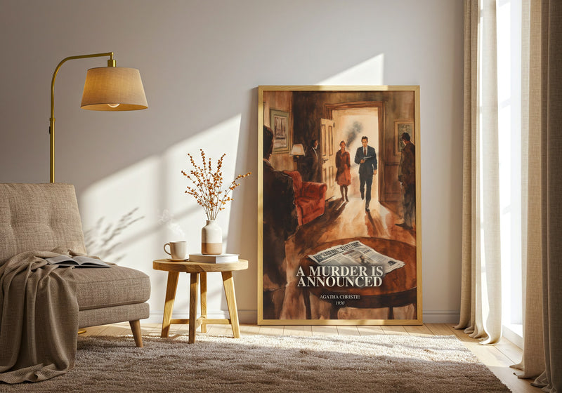 A Murder Is Announced watercolour print in frame leaning in hallway – mystery wall art