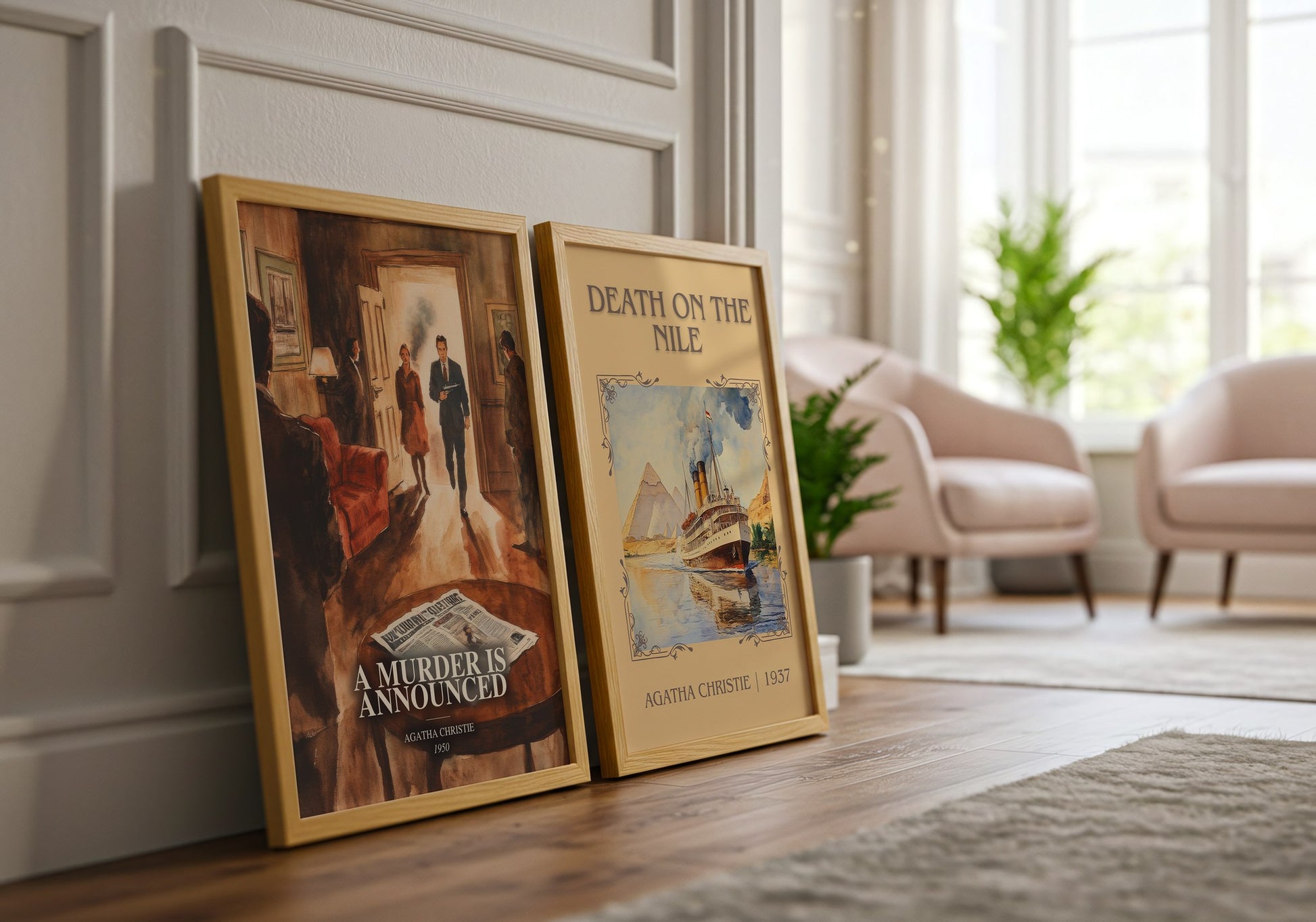 A Murder Is Announced watercolour print framed by window – literary home decor