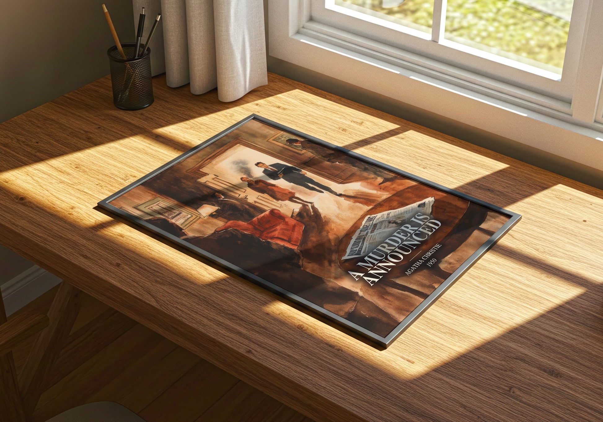 A Murder Is Announced watercolour book poster framed on wall – mystery wall art