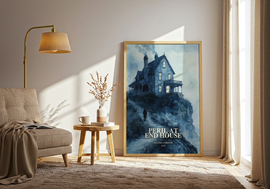 Peril At End House watercolour print in frame leaning in hallway – mystery wall art (mockup)