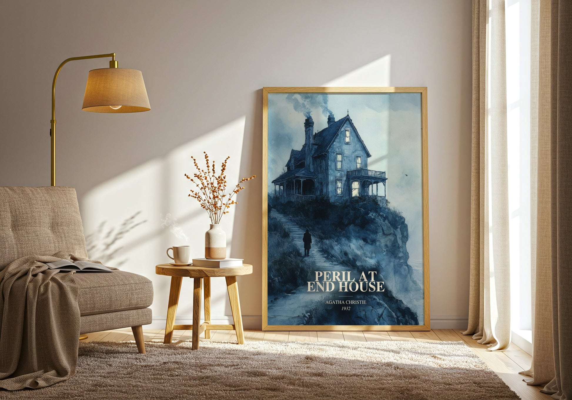 Peril At End House watercolour print in frame leaning in hallway – mystery wall art