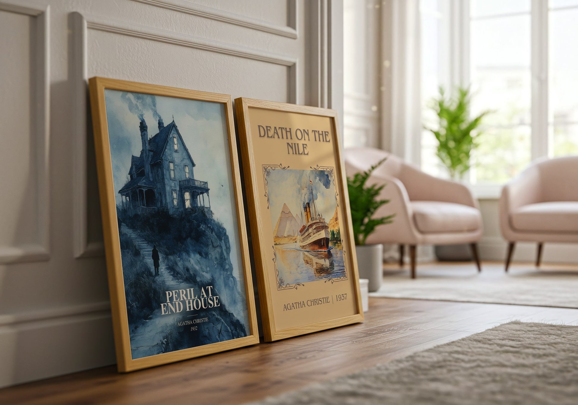 Peril At End House watercolour print framed by window – literary home decor
