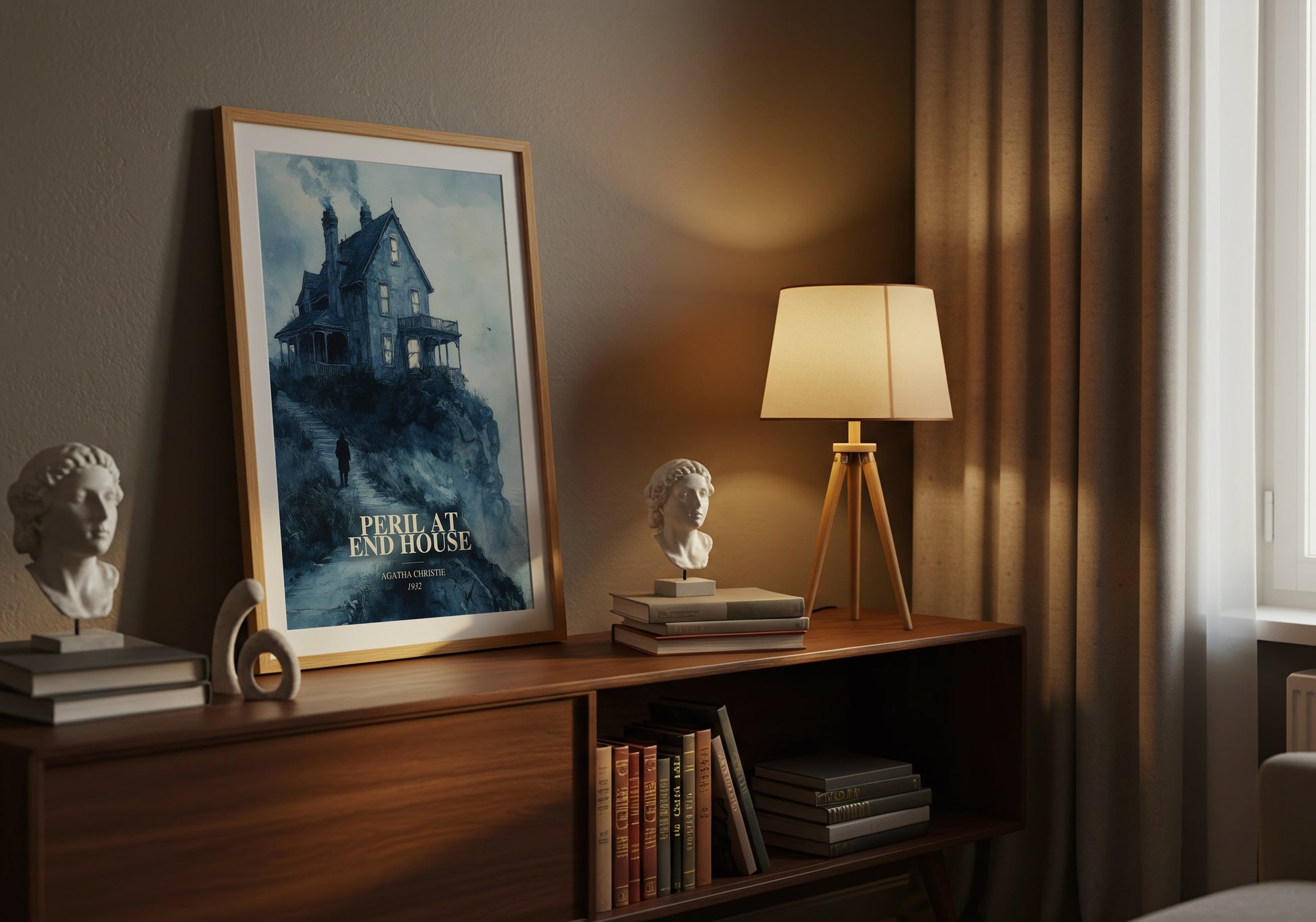 Peril At End House watercolour print on bookshelf – Agatha Christie fan gift