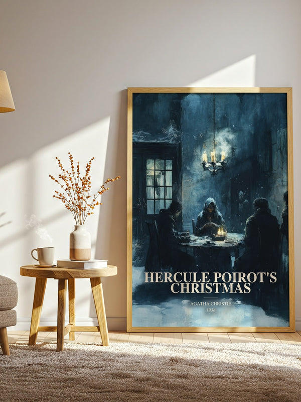 Hercule Poirot'S Christmas watercolour print in frame leaning in hallway – mystery wall art