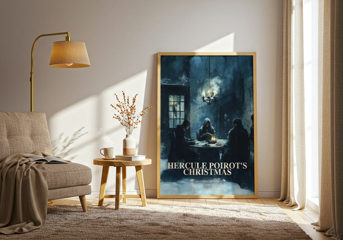 Hercule Poirot'S Christmas watercolour print in frame leaning in hallway – mystery wall art (mockup)