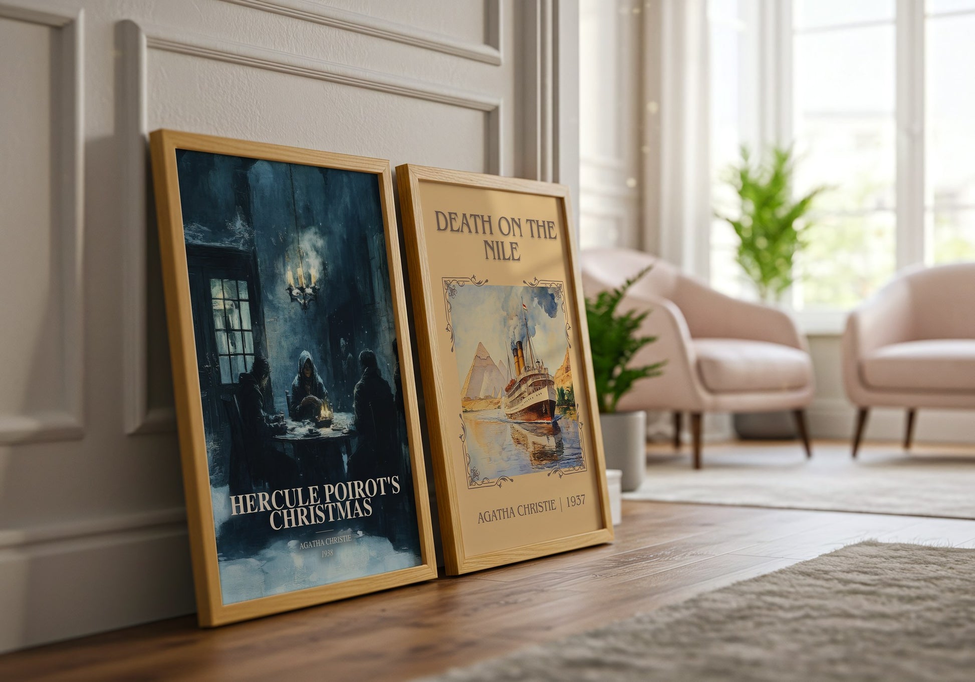 Hercule Poirot'S Christmas watercolour print framed by window – literary home decor