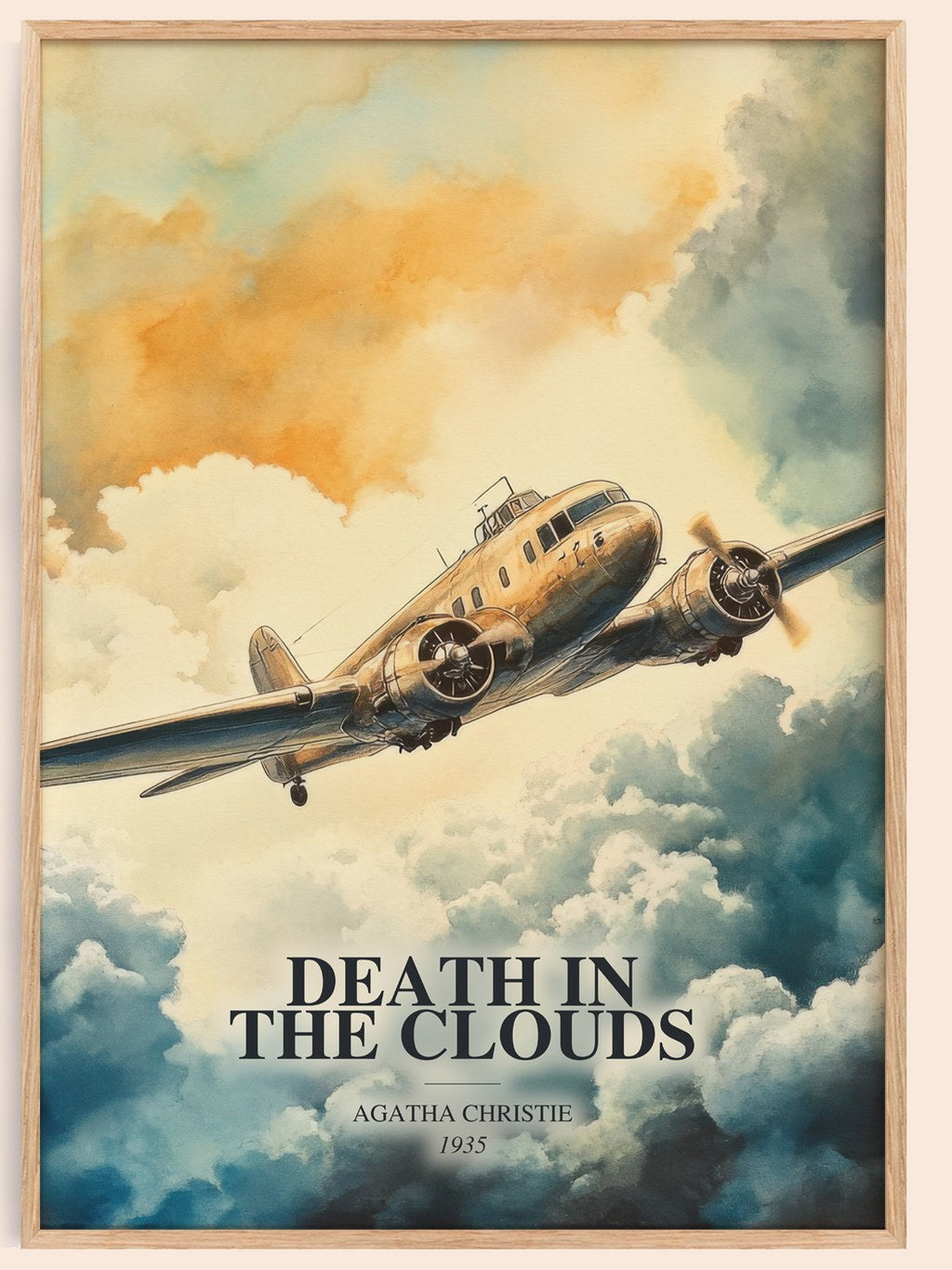Death In The Clouds watercolour book poster by Agatha Christie – framed literary art print
