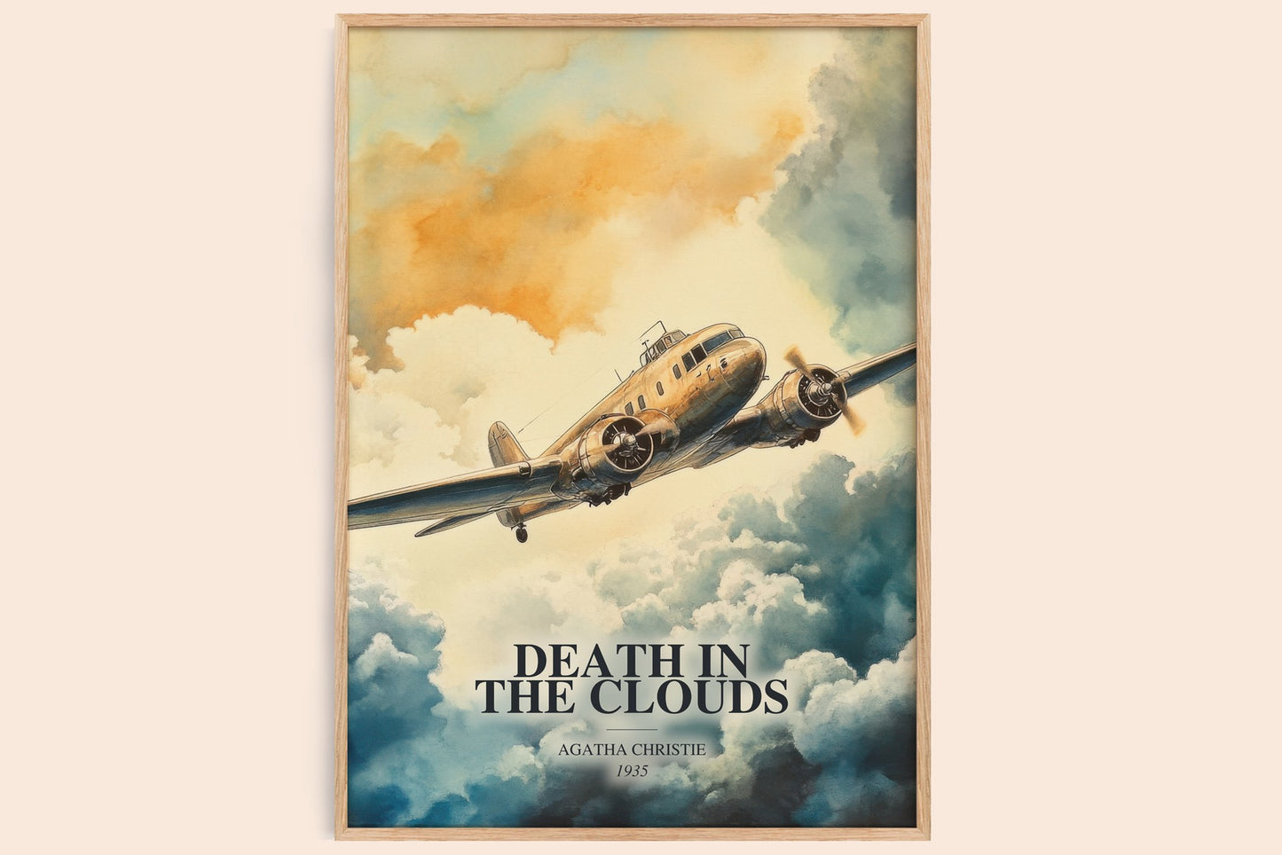 Death In The Clouds watercolour book poster by Agatha Christie – framed literary art print